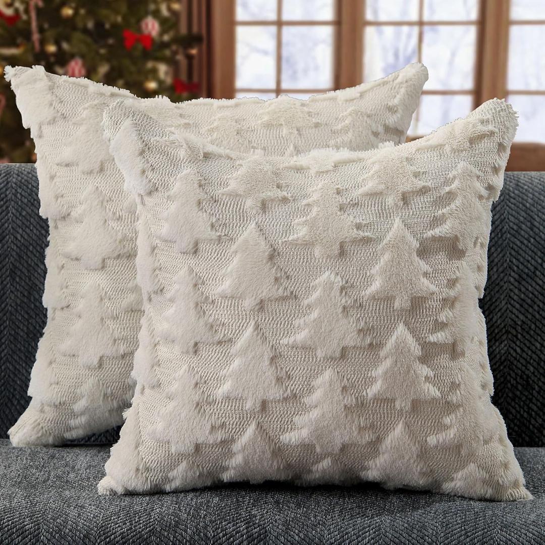 DFXSZ Christmas Pillow Covers 18x18 inch Set of 2 Cream White Christmas Tree Decoration Soft Plush Faux Fur Jacquard Throw Pillows for Bedroom Sofa Holiday Festivals Winter Home Decor PTK070E18