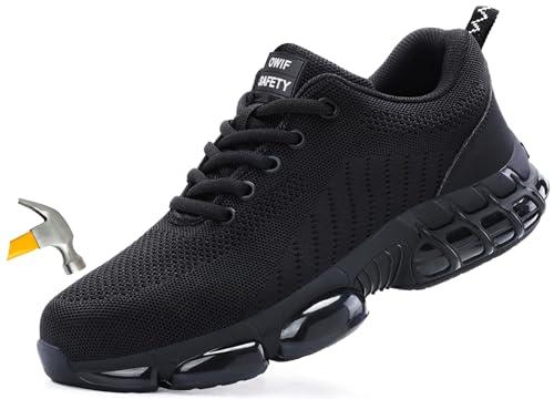 OWIF Steel Toe Work Shoes for Men Women Comfortable Lightweight Cushion Composite Toe Construction Safety Toe Shoes,7.5-8 Women/6-6.5 Men Black