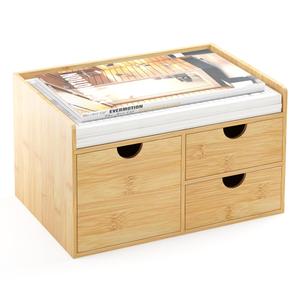 Wisuce Desk Organizer with Drawers - Bamboo Desktop Organizer Storage-Natural Wood Desk Drawers Organizer for Bills, Office Supplies, Cosmetics, Seals No Assembly Required(2 drawers with Shelf)