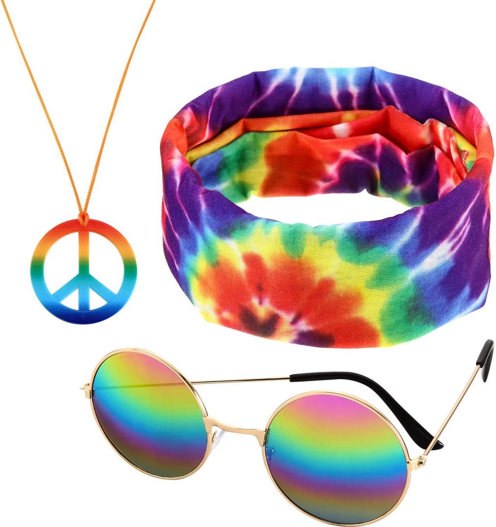 Frienda 3 Pcs Hippie Accessories Costume 70s Tie Dye Leopard Outfits Hippie Headbands for Men Peace Sign Necklace Sunglasses