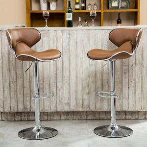 Roundhill Furniture Masaccio Cushioned Leatherette Upholstery Airlift Adjustable Swivel Barstool with Chrome Base, Set of 2, Caramel