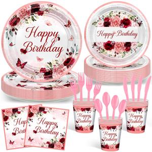 Avezano 168 PCS Burgundy Birthday Party Decorations Rose Gold Floral Birthday Tableware Set Floral Plates Napkins Supplies for Women Girls, Serves 24