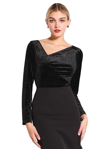Hobemty Women's Slim Fitted Party Top Asymmetrical Ruched Neck Long Sleeve Velvet Blouse Medium Black, M