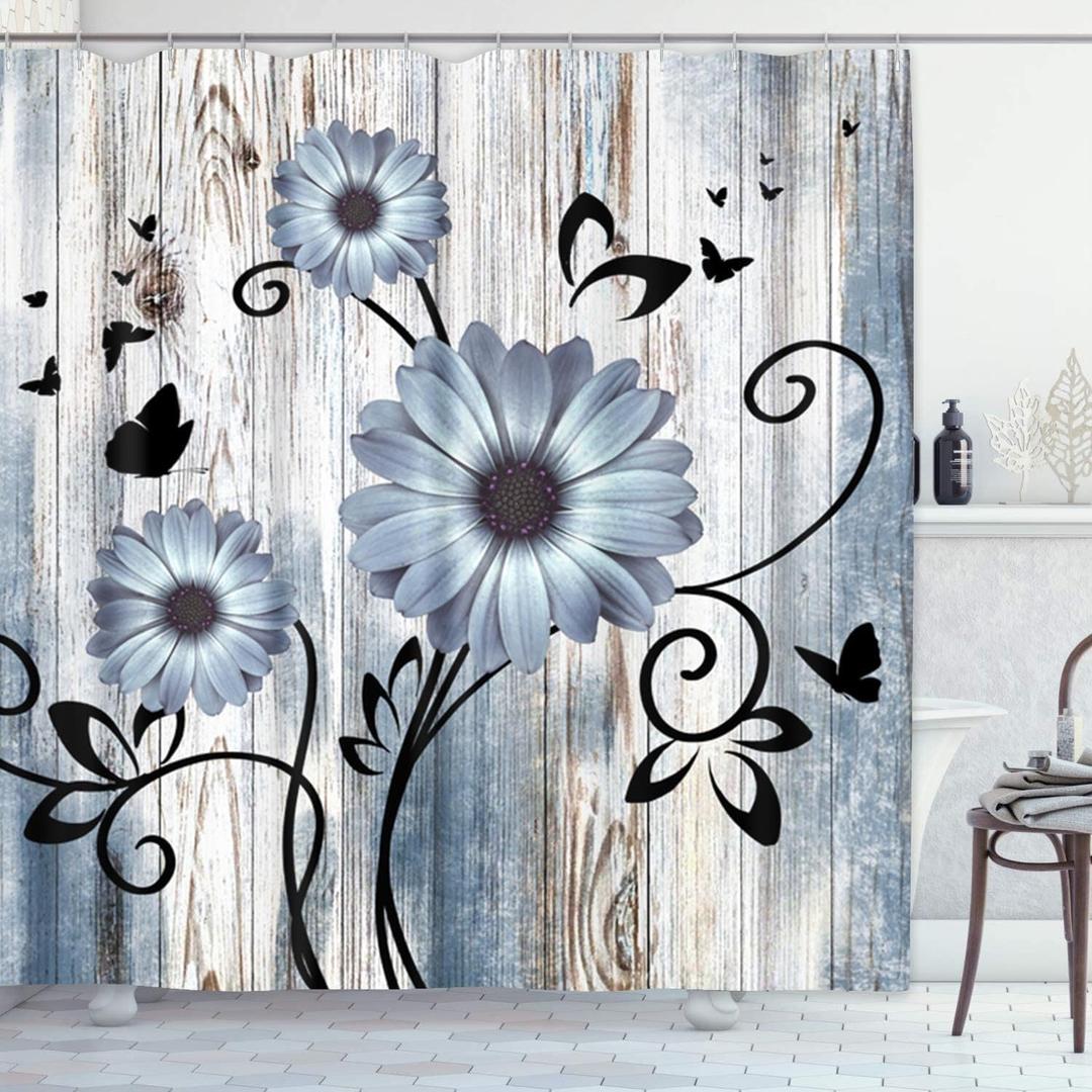 Emvency Shower Curtain Blue Grey Floral Rustic Farmhouse Wooden Boards Flower Butterfly Bathroom Home Decor Waterproof Polyester Fabric 72 x 72 inches Set with Hooks