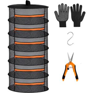 Desy & Feeci Herb Drying Rack-2ft Diameter 6 Layer Folding Mesh Hanging Basket Dryer Net with Zippers for Seeds Flowers Buds Plants Garden Outdoor Bumper Harvest(D24xH47 inch)