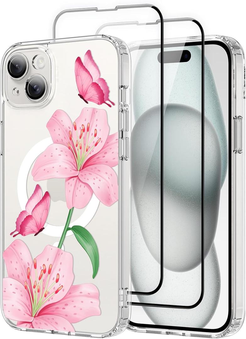 OOK Magnetic Case for iPhone 15 Plus Case Cute Flower Butterfly Design with 2 PCS Screen Protector [Compatible with MagSafe] for Girls Women Floral Clear Slim Phone Cover-Pink Lily Flower