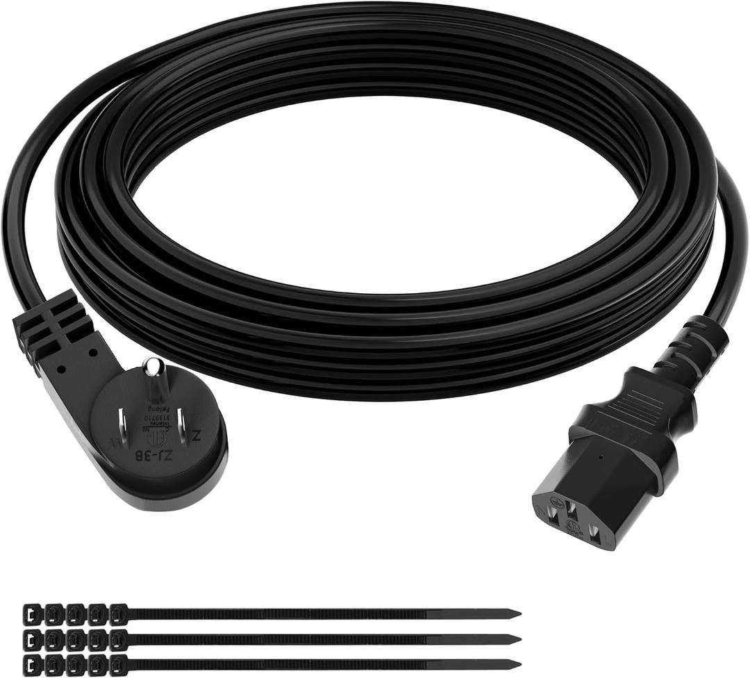 Elecan 3 Prong S Flat Plug Replacement Power Cord 12 FT-45 Degree Angled Plug-Low Profile Heatproof Flexible Durable AC Device Power Cable for Appliance, PC, TV, ETL 18AWG 125V 10A, with Ties