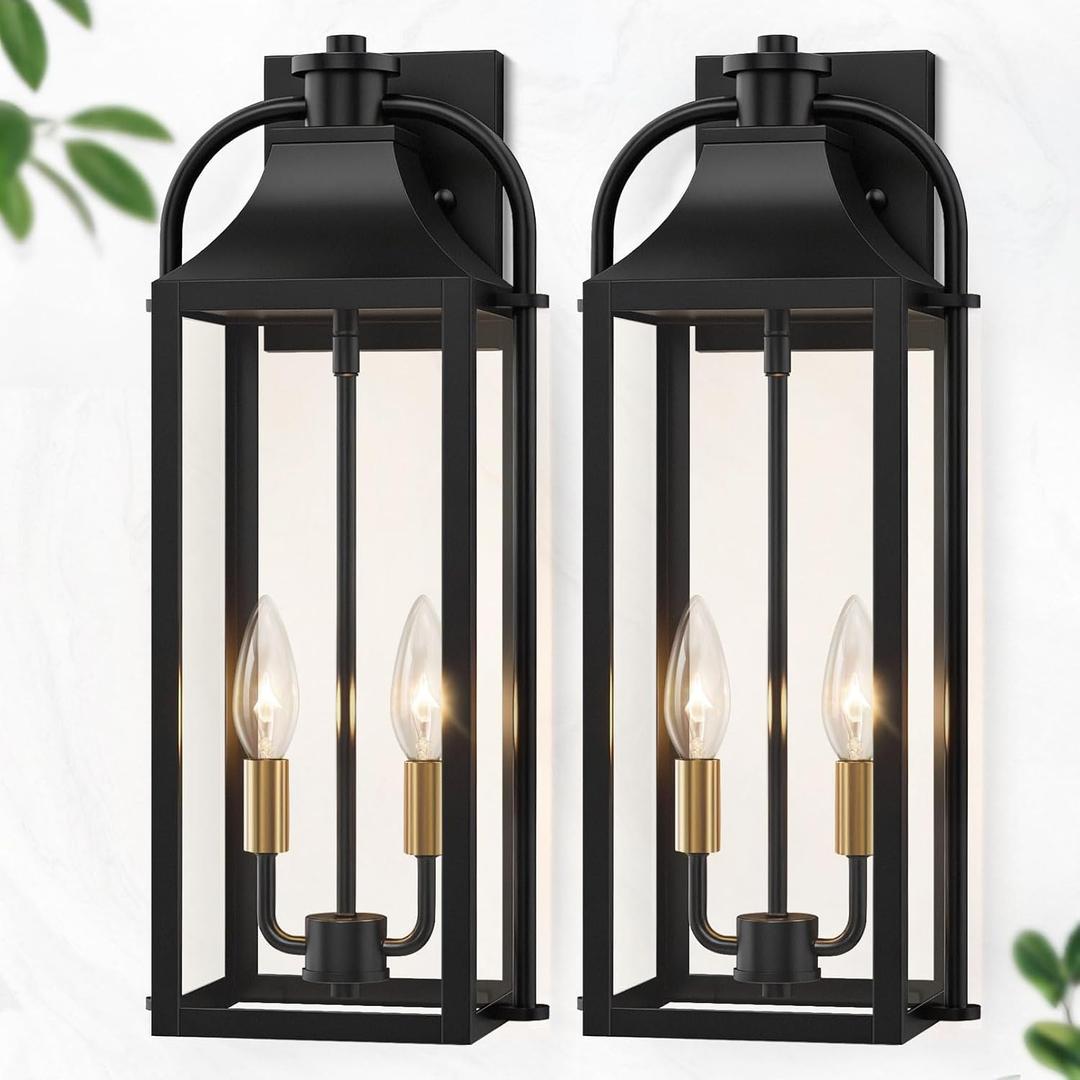 19" Large Porch Lights Outdoor, 2-Light Black Outdoor Wall Light, 2 Pack | Outside Wall Mounted Lighting Fixture with Clear Glass, Waterproof Modern Exterior Farmhouse Wall Lamp for Garage Decor, 19" Ordinary