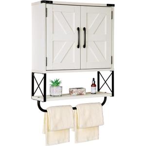 RUSTOWN Farmhouse Medicine Cabinet with 2 Barn Door, Wood Wall Mounted Storage Cabinet with Adjustable Shelf and Towel Bar, 3-Tier Bathroom Cabinet for Bathroom, Living Room(Vintage White, Medium)