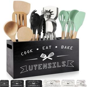 Large Black Utensil Organizer with Removable Dividers - Ideal Wooden Kitchen Countertop Organizer black 4 Compartment