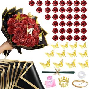 Glitter Roses Bouquet Red- DIY Artificial Rose Bouquet Fake Shiny Flowers with Stems Eternal Floral for Elegance Wedding Bouquet Anniversary Birthday Graduations Valentine's Day Love Gift