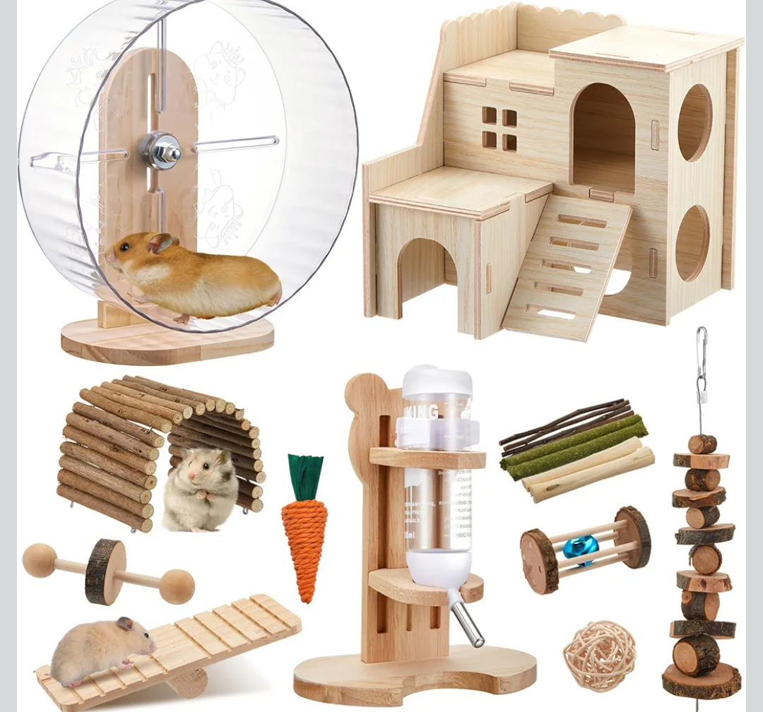 18 pc hamster cage accessories  silent Wheel, 15 Chew Toys Set, Maze Wood House and Water Bottle Set for Rat Mice Small Animals Habitat (Fun Interactive Style)
200+