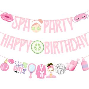 Spa Birthday Banners 3PCS Spa Birthday Party Decorations Pre-strung Makeup Party Banners Sleepover Theme Decor for Girls Slumber Pajama Party Supplies