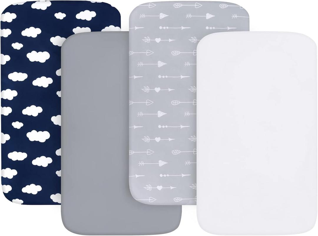 Baby Bassinet Sheets 4 Pack Compatible with 33" x 20" Mika Micky, Baby Delight, Dream On Me, AMKE and Other Rectangle Bassinet Mattress, Ultra Soft & Skin Friendly, Washer & Dryer (for Mika Mikcy & Baby Delight & Bedside Sleeper, Navy Blue Cloud)