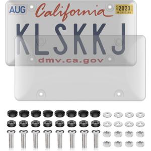 2 Pack License Plate Covers, Clear License Plate Protector Unbreakable Plastic Shields Tag Holder Fits Standard US Plate with Screws Caps