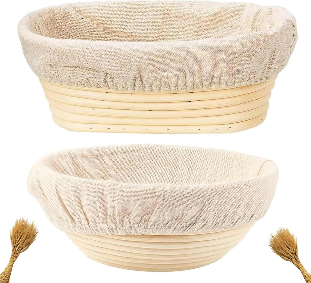 Proofing Baskets for Sourdough Bread Baking, 2 Pack Banneton Bread Proofing Basket 9 inch Round & 10 inch Oval Proofing Bowls for Sourdough Bread with Liner Making Baking Fermentation Tools Supplies