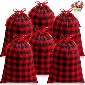 JOYIN 6 PCS Christmas Fabric Drawstring Gift Bag 19" x 14.5", Cotton Buffalo Plaid Sacks in Red and Black, Xmas Plaid Cloth Pouches for Presents Wrapping and Storage, Holiday Party Decor