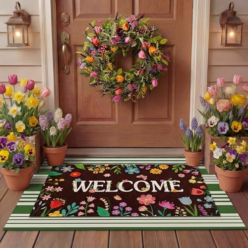 Tinideya 2 Pcs Door Mat Welcome Non Slip Coir Mats Floor Layering Doormats Seasonal for Front Porch Entryway Decor(Colorful Flowers)