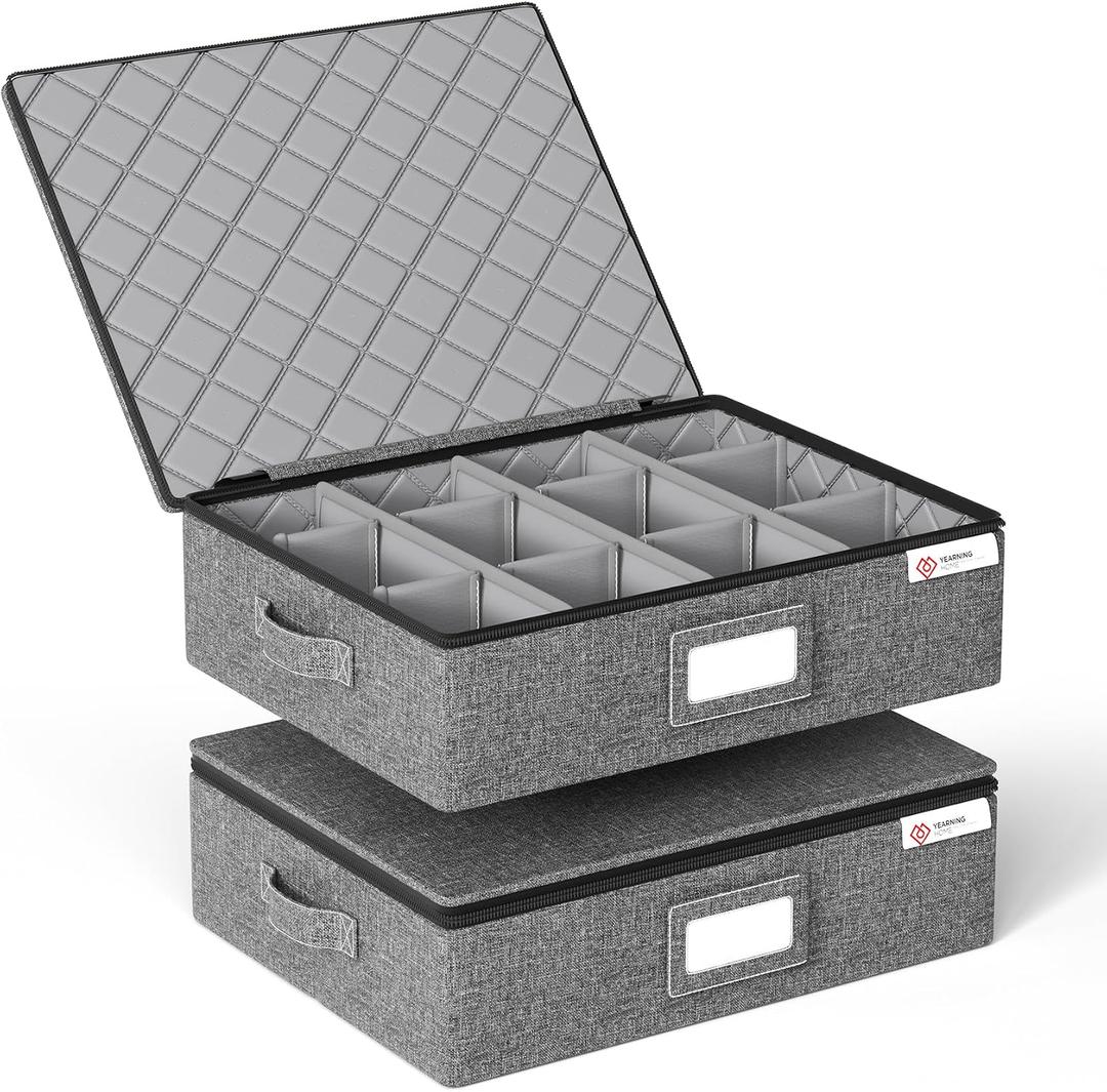 YearningHome Cup and Mug Storage Box with Hard Shell and Dividers for Coffee Mugs,Tea Cups and Glasses,Stackable Storage Organizers with Lid,Handles,Zips and Lable for Moving,Holds 12,2 Pack, Grey