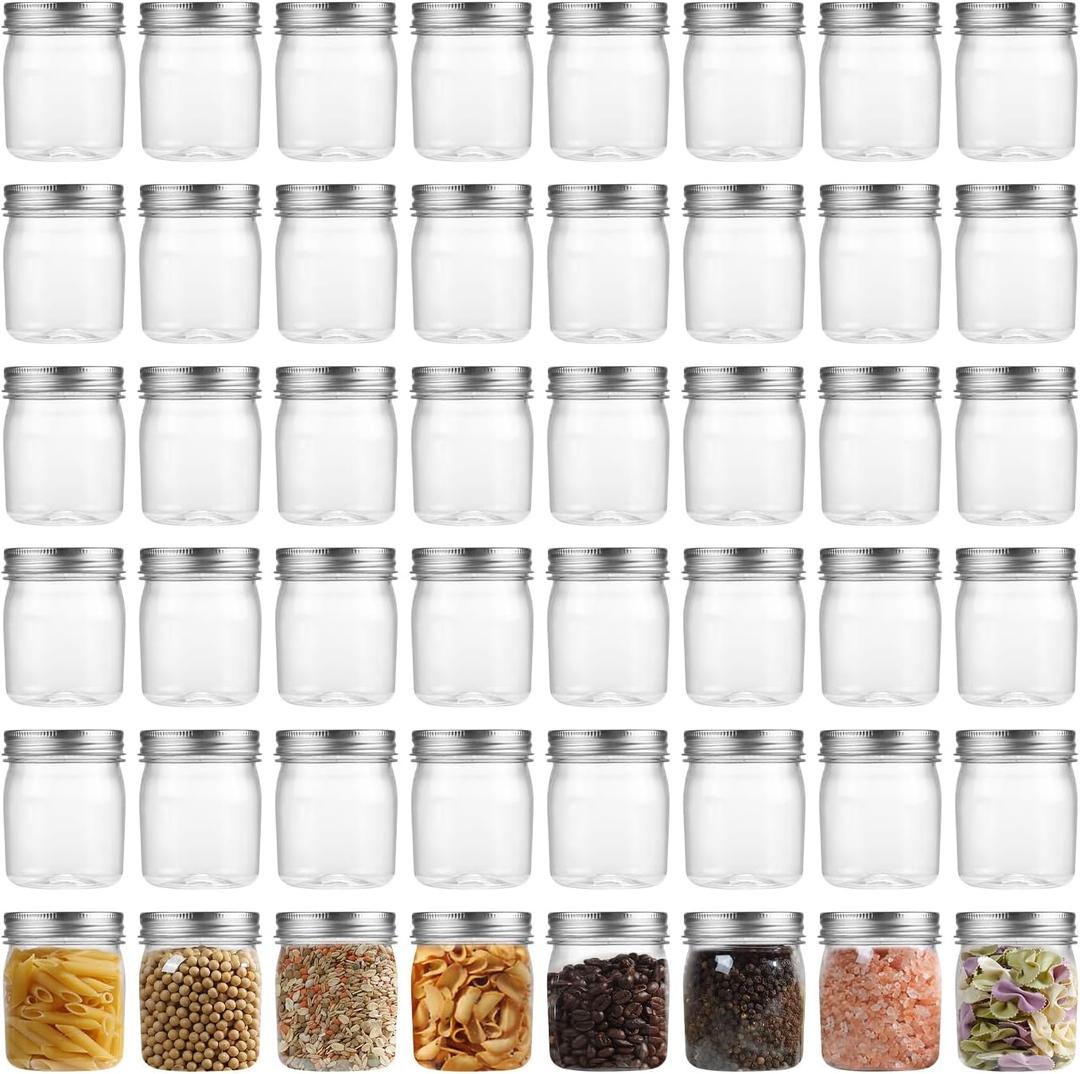 novelinks Plastic Jars With Lids 48Pcs 8 oz Plastic Mason Jars Food Storage for Milkshakes Juice Nuts Cupcakes (Silver)