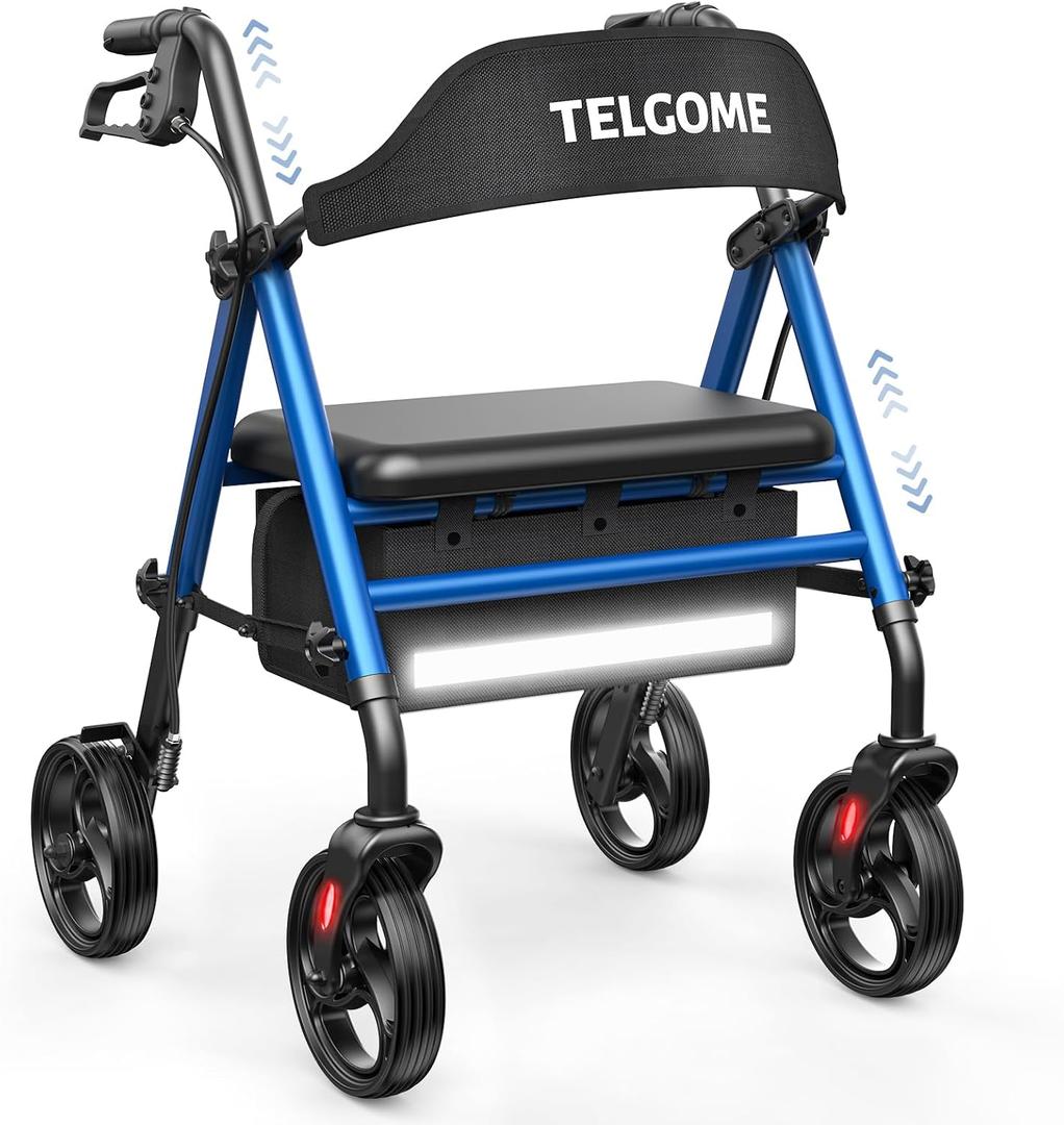 Walkers for Seniors with Seat, Thick Padded Seat 350 lb Capacity Rollator Walker with Seat, Lightweight Foldable Thickened Tube Frame, Height Adjustable, 8'' Wheels Rolling Walker Blue