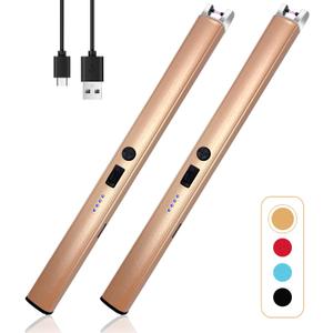 2 PCS Candle Lighter,Windproof Flameless Electric Lighter with LED Power Display  Safety Switch, Upgraded Plasma USB Rechargeable Lighters for Birthday Camping BBQ (Champagne Gold)