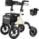 MAXWALK Walkers for Seniors, Rollator Walker with Seat, 12" Big Rubber Wheels All Terrain Rollator Walker with Backrest, Built-in Cable, Cup Holder, Foldable and Height Adjustment for Seniors, Gold