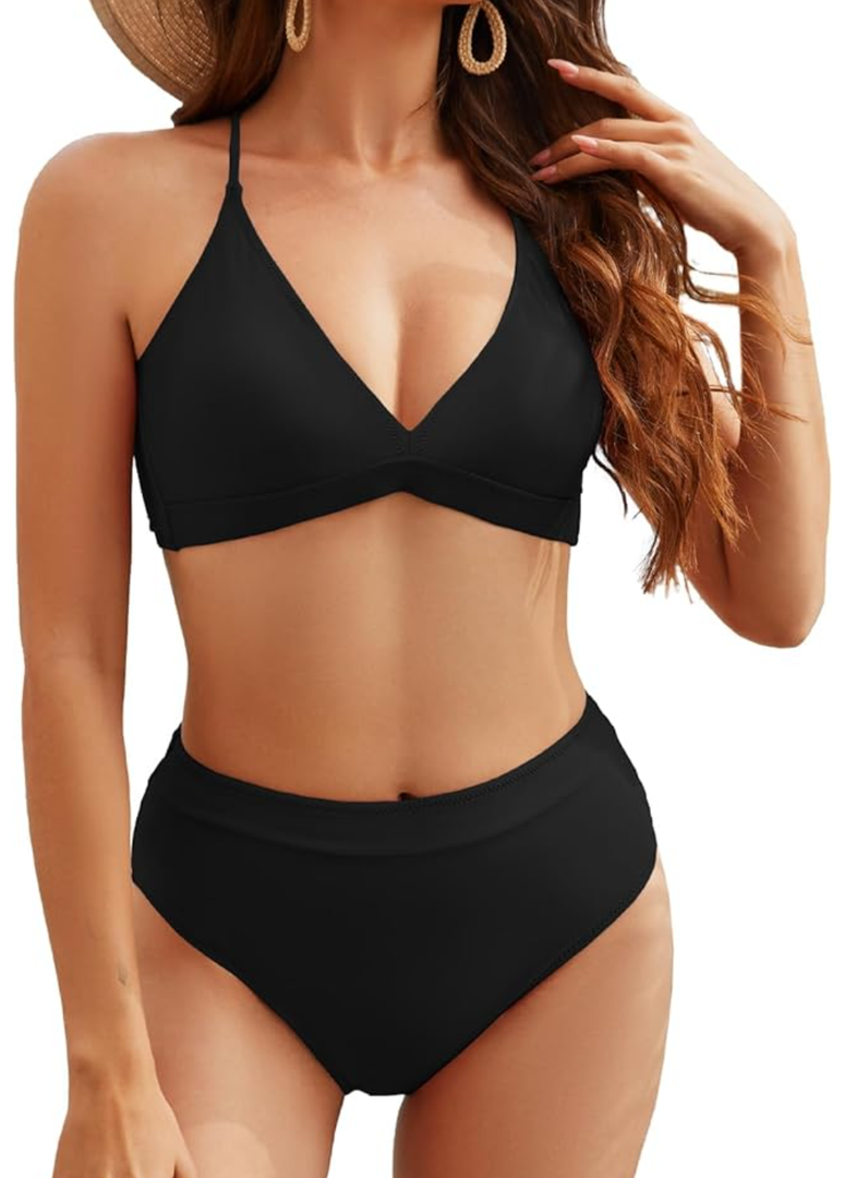 Dazosue High Waisted Bikini Sets Criss Cross Back V Neck Bathing Suits High Cut Two Piece Swimsuits, Black, Medium