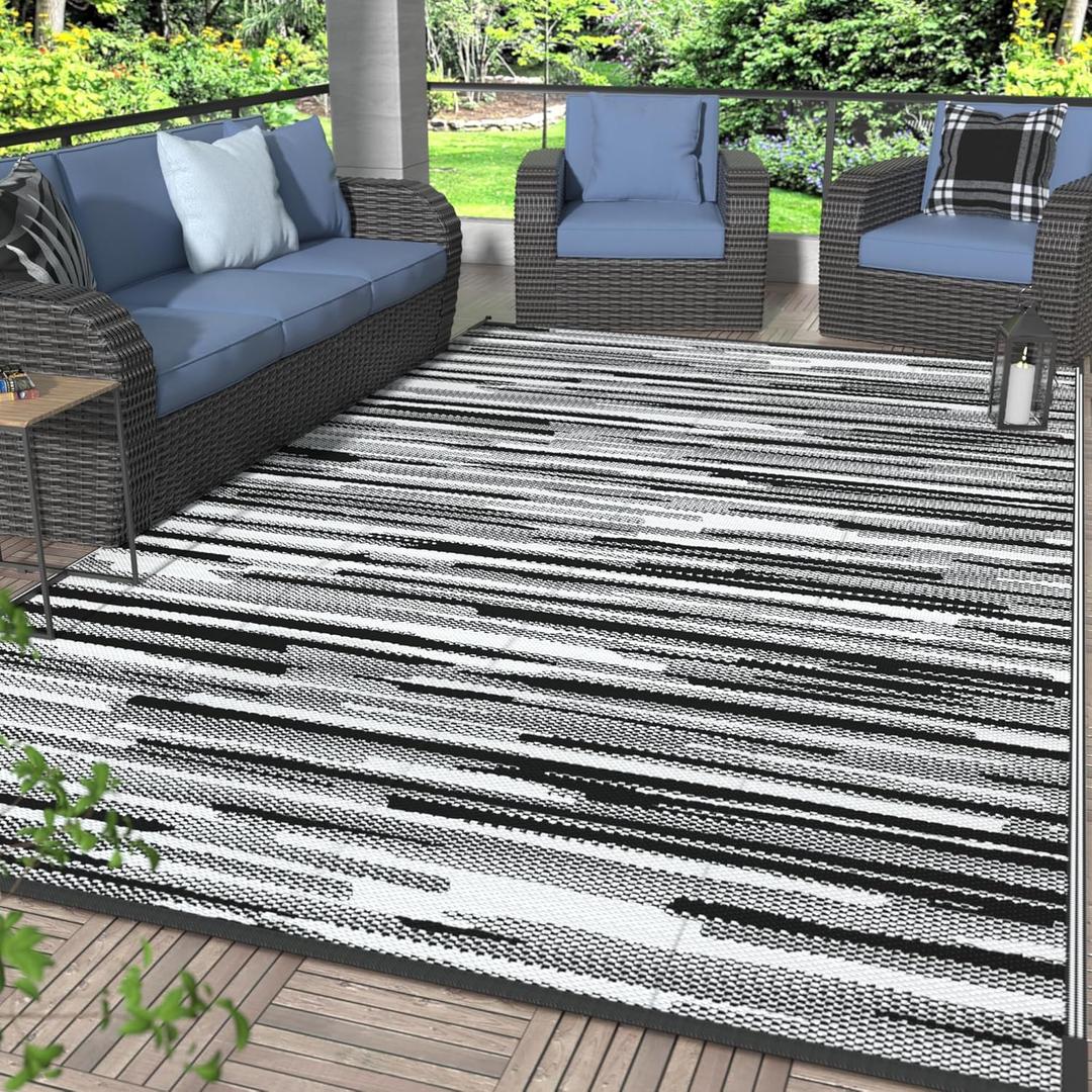 GENIMO Outdoor Rug for Patio Clearance, 6'x9' Waterproof Camping Mat, Reversible Plastic Straw Rugs for RV, Camper, Balcony, Backyard, Picnic, Deck (Black White)