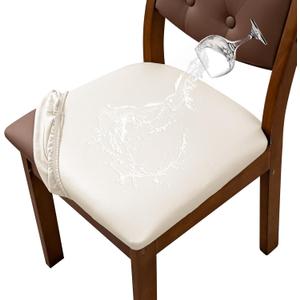 Waterproof PU Leather Seat Covers for Dining Room Chairs Set of 4, Stretch Dining Chair Slipcovers, Kitchen Chair Seat Covers, Non-Slip & Washable (Beige)