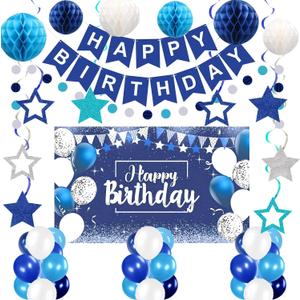 Blue Happy Birthday Decorations, 41 Pack Happy Birthday Banner, Balloons, Backdrop, Hanging Swirl, Honeycomb Ball and Circle Dot Garland Supplies for Birthday Party
