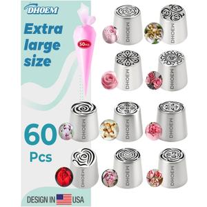 60Pcs Extra Large Russian Piping Tips Set,10 Flower Nozzles Baking, Stainless Steel Rose Floral Piping Nozzles, Nozzle for Cake Decorating for Buttercream Flowers, Cake Decorating Supplies for Wedding