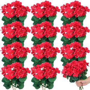 12 Pcs 10.2 Inch Artificial Geranium Flowers Silk Geraniums for Outdoors Faux Bushes Outdoor Fake Geraniums for Vase Planter Pot Floral Home Decor Indoor Garden Patio (Red)