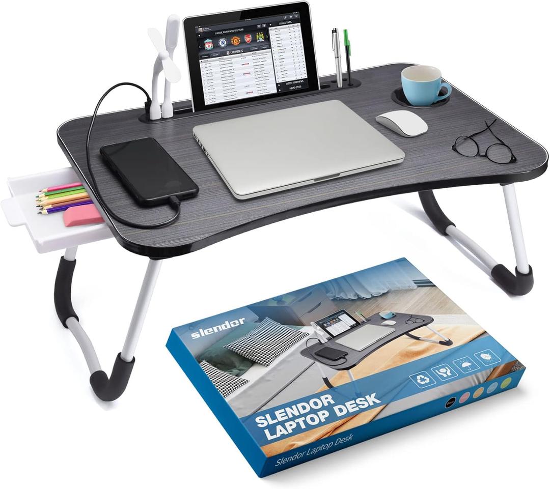 Slendor Bed Desk for Laptop and Writing with Storage, Cup Holder, Light | Fan, Pen Holder,Tablet Holder,Foldable, for Bed, Couch, Floor, Portable,Black