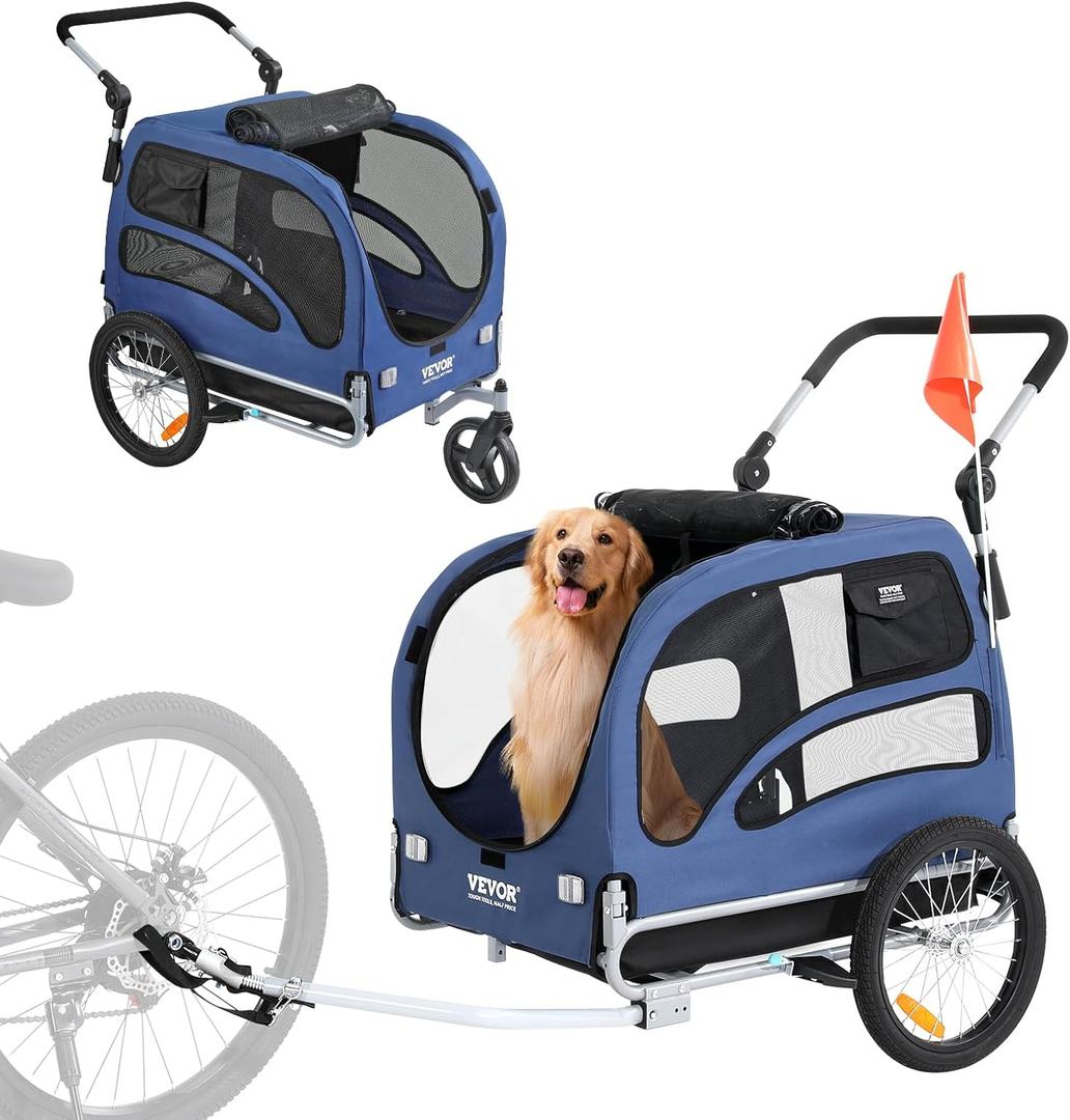 VEVOR Dog Bike Trailer, Supports up to 100 lbs, 2-in-1 Pet Stroller Cart Bicycle Carrier, Easy Folding Cart Frame with Quick Release Wheels, Universal Bicycle Coupler, Reflectors, Flag, Blue/Black