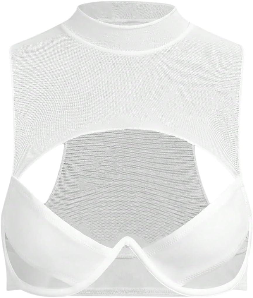 SweatyRocks Women's Cut Out Sheer Mesh Crop Top Mock Neck Sleeveless Y2k Party Rave Tops (White) S
