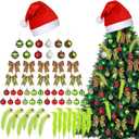 70 Pcs Christmas Tree Ornaments Set Include Christmas Hat Red Lime Green Peppermint Candy Ball Ornaments Xmas Bow Tree Topper Faux Fur Picks Led Lights for Xmas Holiday Decor