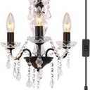 Plug in Modern 3-Light Black Chandelier with Glass Crystals, Candle Style Pendant Light Fixtures for Living Room, Girls Room, Kitchen Island, Entryway