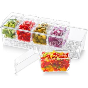 Lifewit Ice Chilled Condiment Caddy with 5x20 oz Containers, Condiment Server with Separate Lid, Serving Tray Platter with Removable Dishes for Bar Fruit Salad Taco Party Garnish, 39 x13cm/15x5