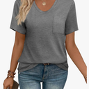 WIHOLL Women Summer T Shirts Short Sleeve Rounded V Neck Pocket Tee Tops M Gray