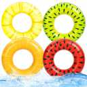 4PCS Fruit Pool Floats Watermelon Strawberry Orange Lemon Swimming Rings - Inflatable Tubes Floaties Toys for Kids Adults
