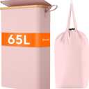 Lifewit 65L Slim Laundry Hamper with Lid, Narrow Laundry Basket with Removable Bag & Bamboo Handles, Fodable Thin Dirty Clothes Hamper for Laundry Collapsible Bin for Bathroom Bedroom Dorm, Pink