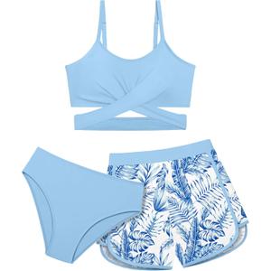 Girls Swimsuit 3 Piece Bathing Suit Criss Cross Bikini Set Girls' Swimwear with Shorts 7-16T (11-12 Years, Sky Blue--rainforest)
