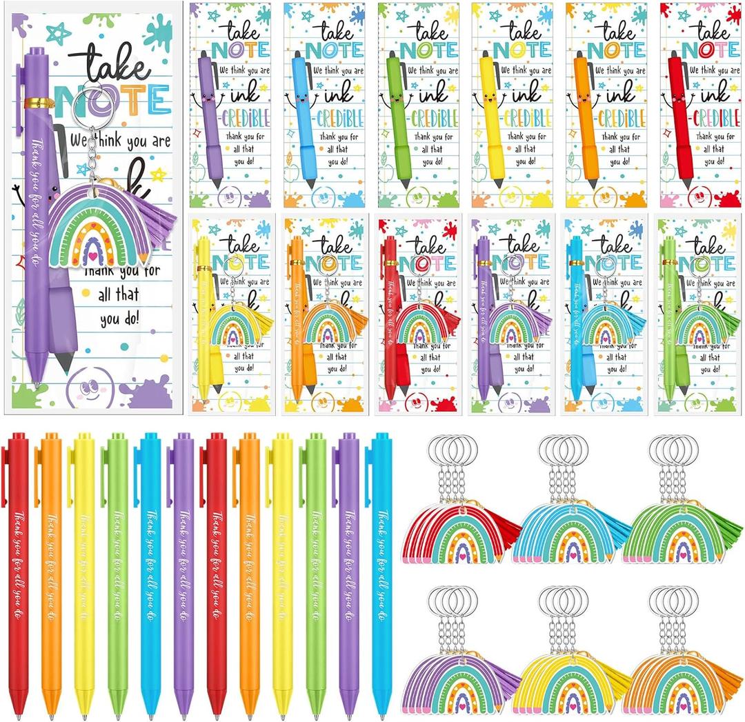 72 Pcs Teacher Appreciation Gifts Bulk End of the Year Teacher Gifts with Acrylic Rainbow Keychain Ballpoint Pen Thank You Cards for Teachers Office