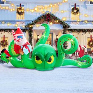 12FT Christmas Inflatables Green Octopus with Santa and Gift Box, Christmas Blow up Yard Decoration Inflatable Deer Built-in 8 LED for Christmas Decorations Outdoor Indoor Xmas Gifts