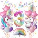Pastel Rainbow Unicorn 3rd Birthday Party Decorations, Pink Purple Balloon with Large Unicorn Helium Balloons for Girl Birthday Party Garden & Fairy Theme Spring Decor (number 3 set)