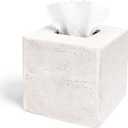 Decorative Square Tissue Box Cover  White Resin Tissue Holder for Bathroom, Bedroom, Countertop, Modern Stone-Look Tissue Box