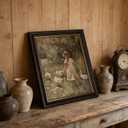 Framed Girl Duck Canvas Wall Art Rural Countryside White Goose Painting Picture wall decor Retro farmhouse Duckling Wildflower Poster Print for Living Room Bathroom Bedroom Nursery Home Decoration
