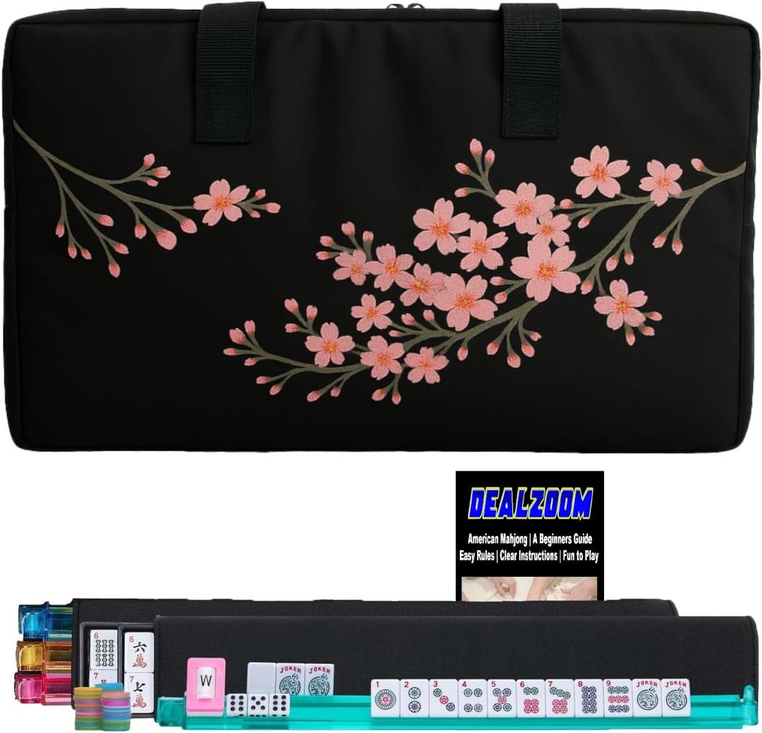 DEALZOOM American Mahjong Set Complete, Full Game with 166 Mahjong Tiles, Mahjong Racks with Pushers, Instructions, Dice, Chips, Wind Indicator & Mahjong Accessories in Mahjong Bag (Cherry Blossom)