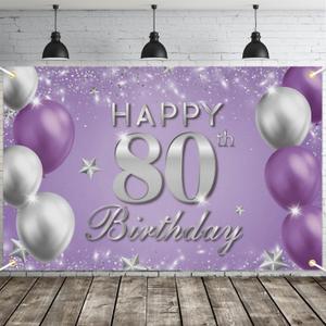 JOYKY Happy 80th Birthday Banner, Purple Silver 80th Birthday Party Decorations for Women Her, 80 Year Old Birthday Supplies Backdrop Dcor, 5.9 X 3.8 Fts